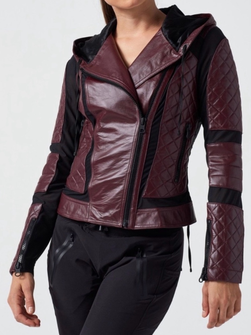 blanc noir Quilted Burgundy and Black Hooded Leather Moto Jacket
